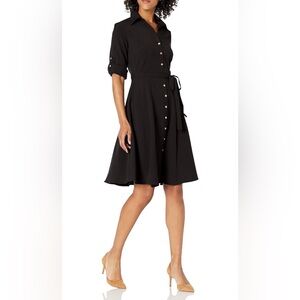 Sharagano Black Midi Shirt Dress with Gold Buttons